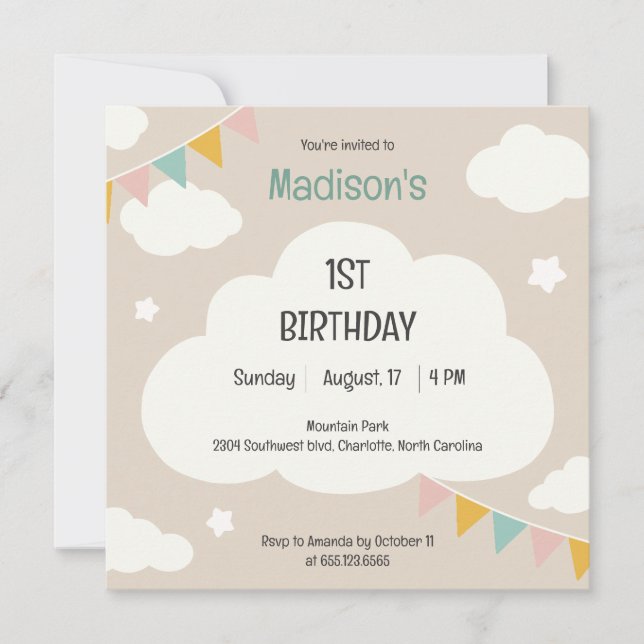 Clouds party flags baby first birthday invitation inbjudningar (Framsida)