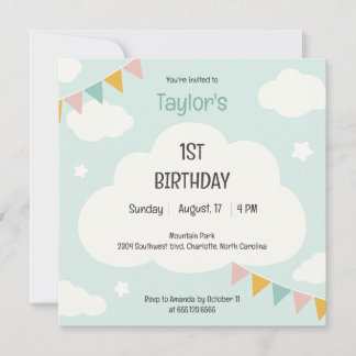Clouds party flags baby first birthday invitation inbjudningar