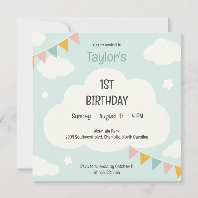 Clouds party flags baby first birthday invitation inbjudningar (Framsida)