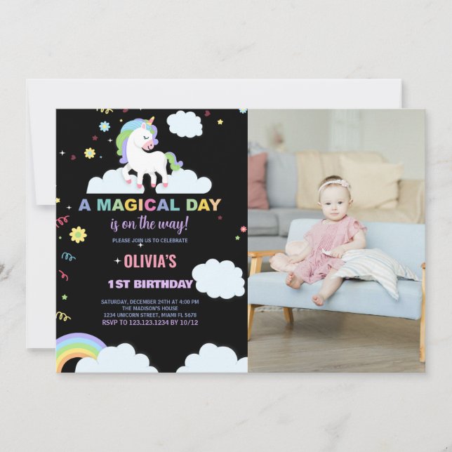 Clouds Unicorn Birthday-inbjudningar med foto Inbjudningar (Framsida)