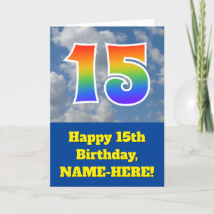 Cloudy Blå himmel, Rainbow Mönster ’15’ Birthday # Kort