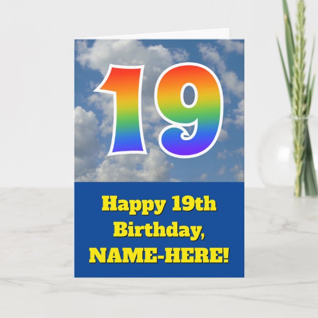 Cloudy Blå himmel, Rainbow Mönster ’19’ Birthday # Kort (Framsida)