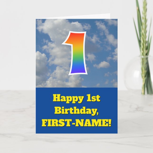 Cloudy Blå himmel, Rainbow Mönster ’1’ Birthday # Kort (Framsida)