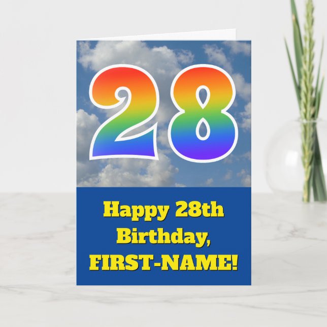Cloudy Blå himmel, Rainbow Mönster "28" Birthday # Kort (Framsida)
