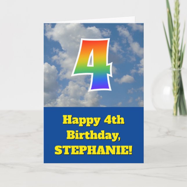 Cloudy Blå himmel, Rainbow Mönster ’4’ Birthday # Kort (Framsida)