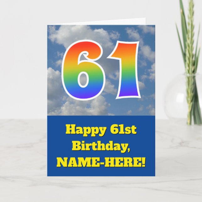 Cloudy Blå himmel, Rainbow Mönster "61" Birthday # Kort (Framsida)