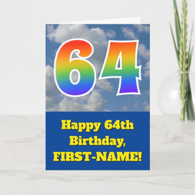 Cloudy Blå himmel, Rainbow Mönster ’64’ Birthday # Kort (Framsida)