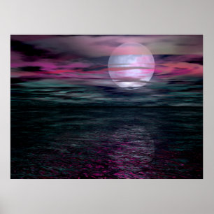 Cloudy Himlar Ocean Måne Stiga upp Poster