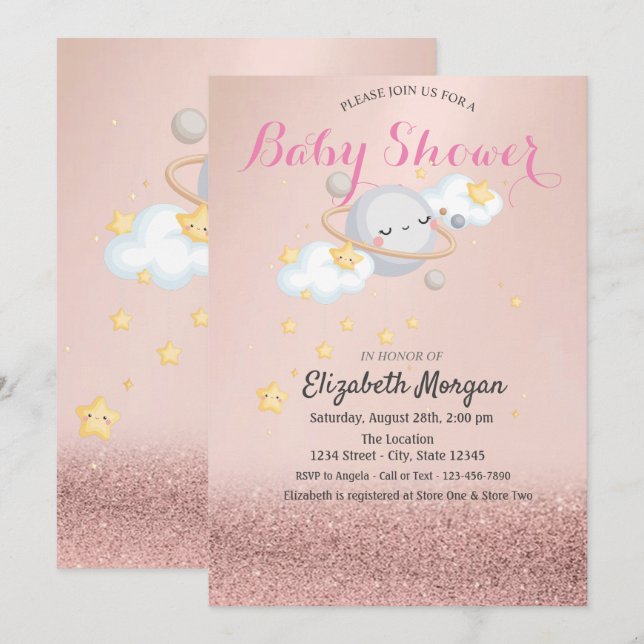 Clous Stars Planet Ro Guld Bokeh Baby Shower Inbjudningar (Fram/baksida)