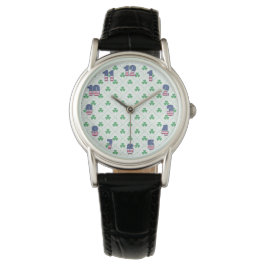Clover Pattern Black Leather Watch with Classic Lo Armbandsur