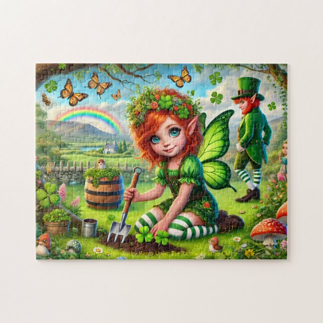 Clover Pixie Puzzle, Fairy Leprechaun St Patrick's Pussel (Horisontell)