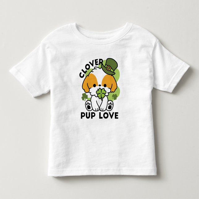 Clover Pup Love – St. Patrick's Day Hunddesign T Shirt (Framsida)