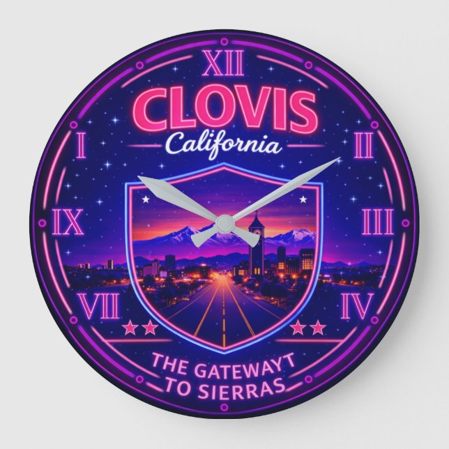 Clovis California Sierra Gateway Mountain Neon Stor Klocka (Framsida)