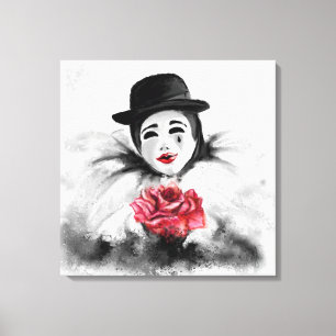 Clown and Ro - Romantic Black White Painting Art Canvastryck