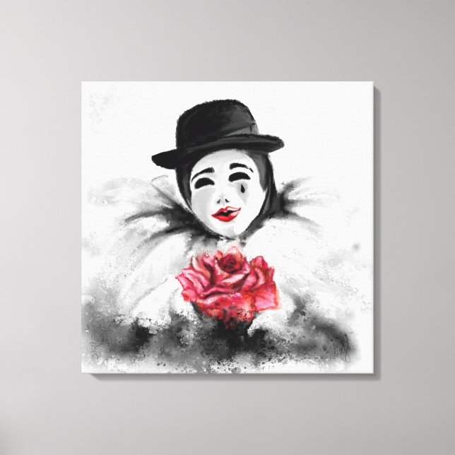 Clown and Ro - Romantic Black White Painting Art Canvastryck (Framsida)