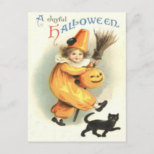Clown Black Cat Jack o lantern Pumpkin Vykort