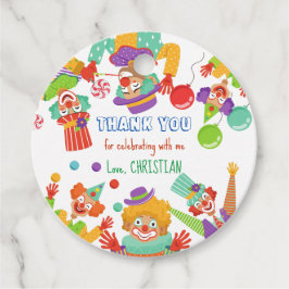 Clown cirkusens födelsedagsfest personlig namn gåvor etiketter