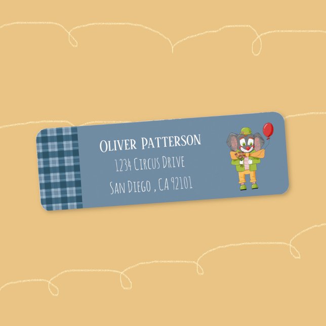 Clown Elefant Blå returadressetikett Returadress Etikett (Cute blue return address label with a cartoon clown elephant . )