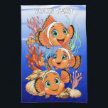 Clown fish Cartoon cute Family Underwater Kökshandduk<br><div class="desc">Cute and Joyful little Clownfish Cartoon Characters swimming together on underwater Coral Reef Background. Original Vector Illustration Copyright BluedarkArt.</div>