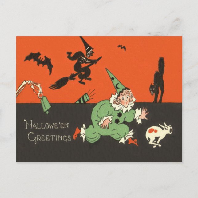 Clown Hund Witch Fladdermus Black Cat Skeleton Vykort (Framsida)