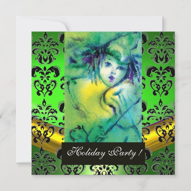 CLOWN I GRÖN, SVART DAMASK MONOGRAM, Smaragdedelst Inbjudningar (Framsida)