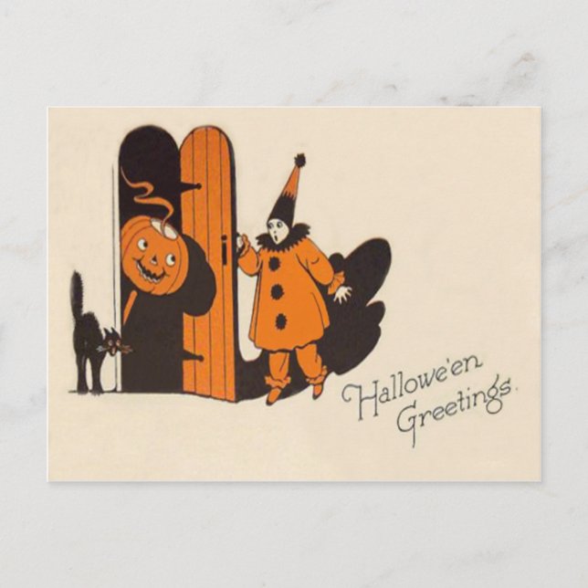 Clown Jack O Lantern Svart Katt Vykort (Framsida)