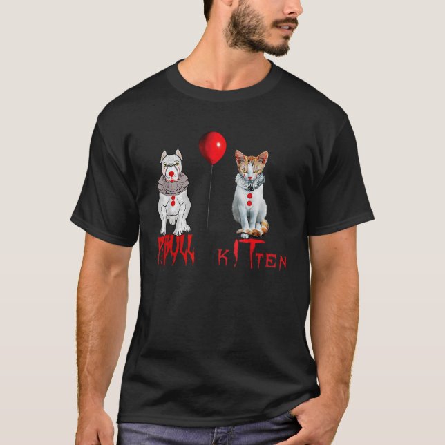 Clown Kitten Cat and Pitbull Hund Horror Halloween T Shirt (Framsida)