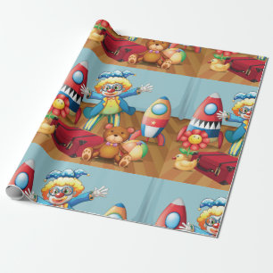 Clown och leksaker som slår in papper presentpapper