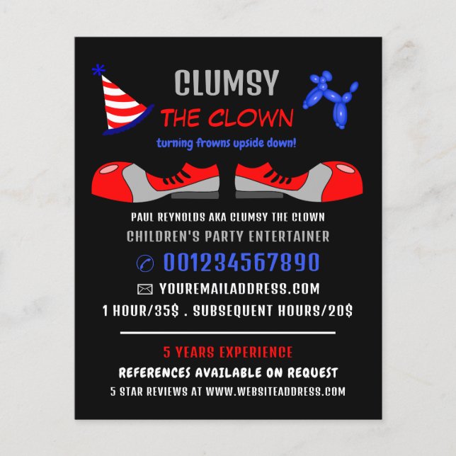 Clown Shoes, Kids Entertainer, Clown Advertising Flygblad (Framsidan)