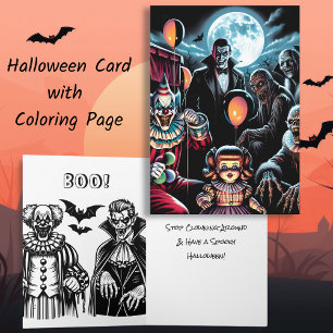 Clown, Vampire och Zombie Halloween Coloring Page Kort