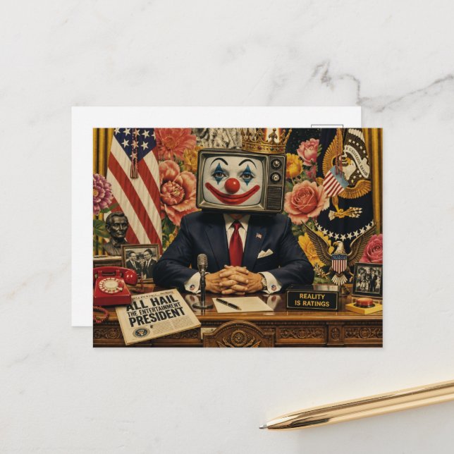 Clown vid det amerikanska skrivbordet vykort (Fram/Back In Situ)