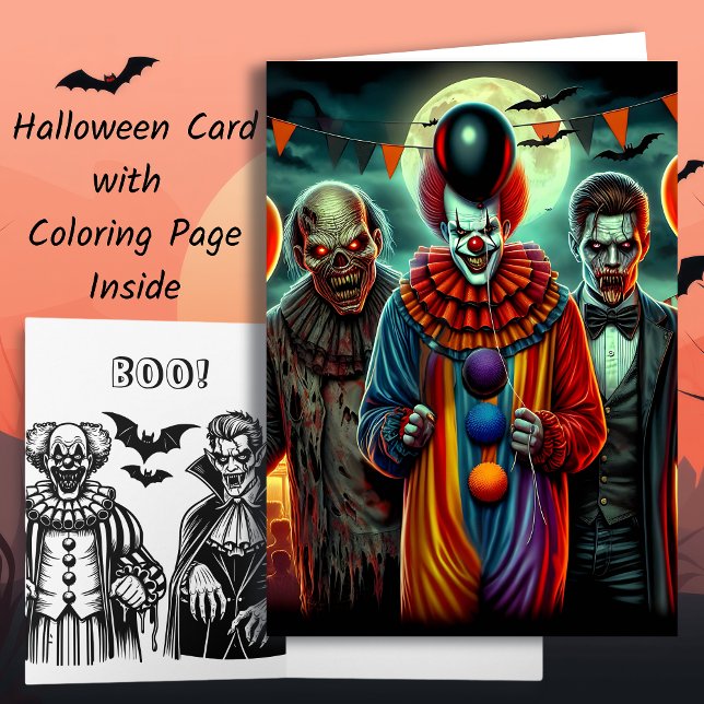Clown, Zombie och Vampire Halloween Coloring Page Kort (Skapare uppladdad)