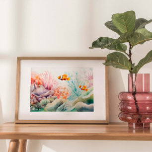 Clownfish Harmony: Watercolor Anemone Reef Print Poster