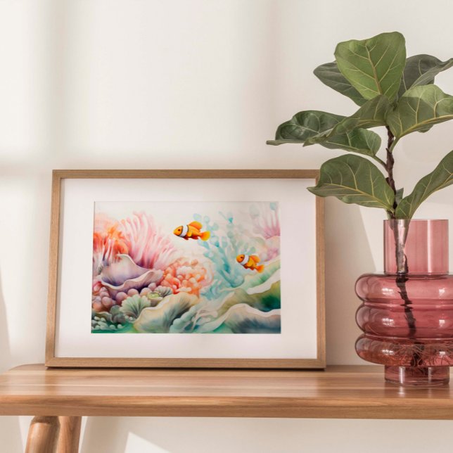 Clownfish Harmony: Watercolor Anemone Reef Print Poster (Two clownfish gracefully swimming amidst a vibrant sea anemone reef in light, muted tones.)
