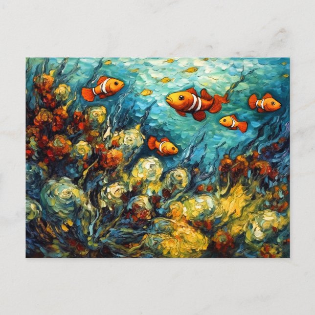 Clownfish in Swirling Coral Reef Painting Vykort (Framsida)