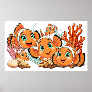 Clownfisk Tecknad söt Familj Under vatten Poster