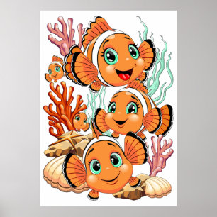 Clownfisk Tecknad söt Familj Under vatten Poster