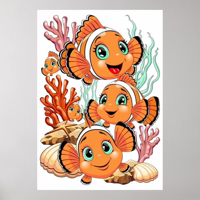 Clownfisk Tecknad söt Familj Under vatten Poster (Framsidan)