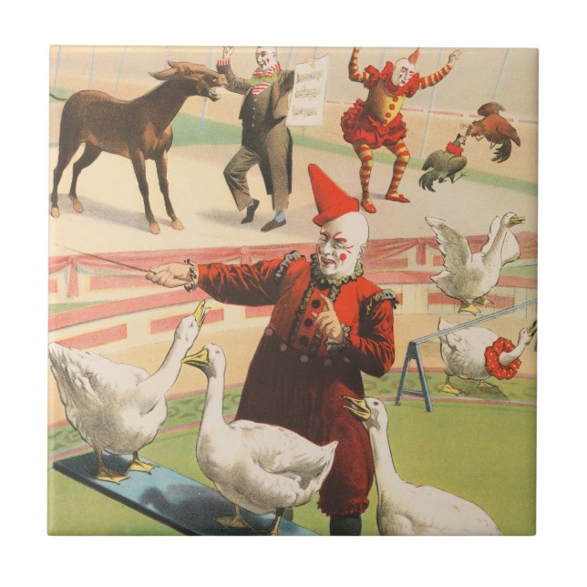 Clowns with Performing Geese, Tuppar och Donkey. Kakelplatta (Framsidan)