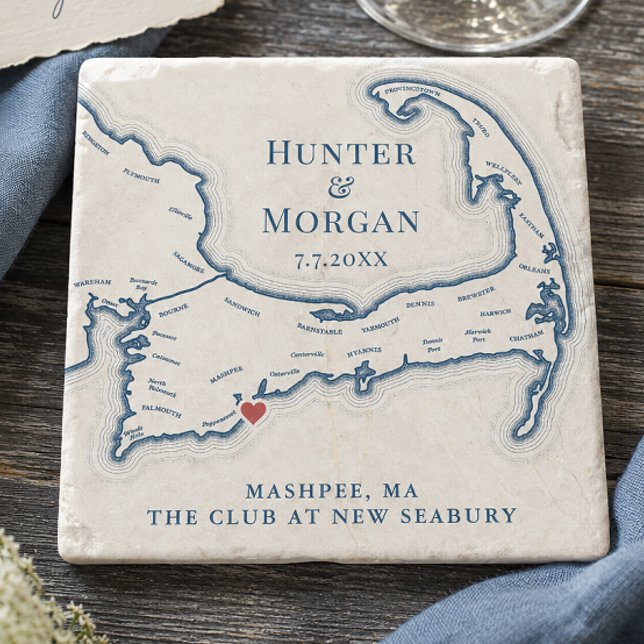 Club at New Seabury Bröllopsgåva Cape Cod Karta Stenunderlägg (The Club at New Seabury Wedding Favor Cape Cod Map Stone Coaster Gift by Coastal Map Designs)