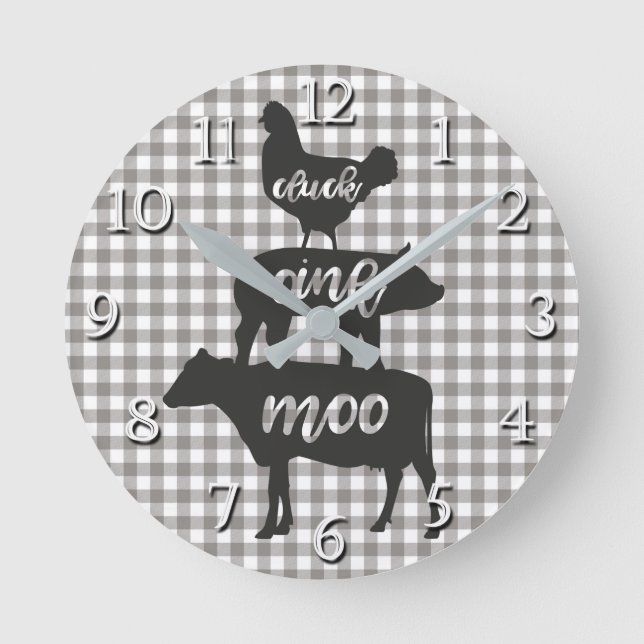 Cluck Oink Moo Chicken Cow Gris Farmhouse Kitchen Rund Klocka (Framsida)