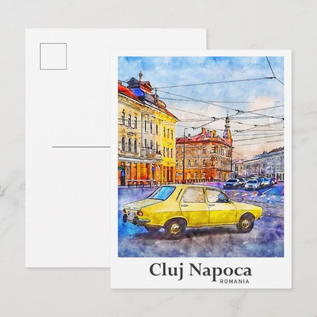 Cluj Napoca Rumänien Travel Watercolor Hand plocka Vykort (Fram/baksida)