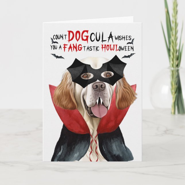 Clumber Spain Hund Funny Count DOGcula Halloween Helgkort (Framsida)