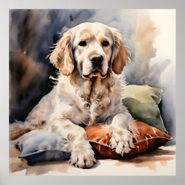 Clumber Spain Lounging on Pillows Bläck Porträtt Poster