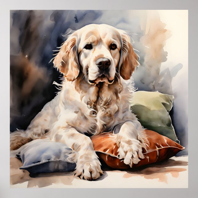 Clumber Spain Lounging on Pillows Bläck Porträtt Poster (Framsidan)