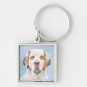 Clumber Spain Painting - Cute Original Hund Art Fyrkantig Silverfärgad Nyckelring