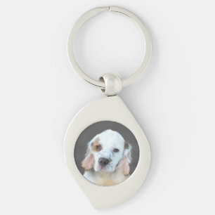 Clumber Spain Painting - Cute Original Hund Art Swirl Silverfärgad Nyckelring