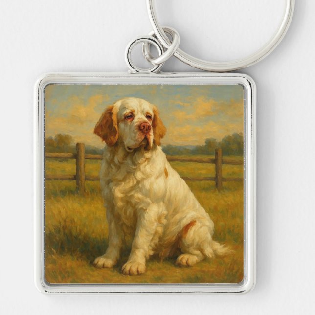 Clumber Spaniel Fyrkantig Silverfärgad Nyckelring (Framsidan)