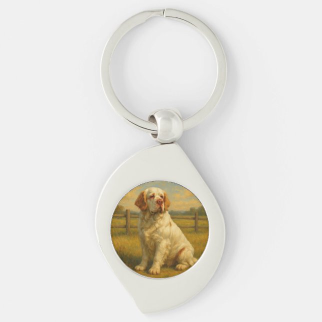 Clumber Spaniel Swirl Silverfärgad Nyckelring (Framsidan)
