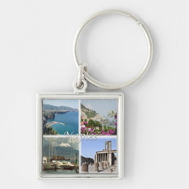 CMP035 NAPLES, Amalfi, Sorrento, Pompeii Fyrkantig Silverfärgad Nyckelring (Framsidan)
